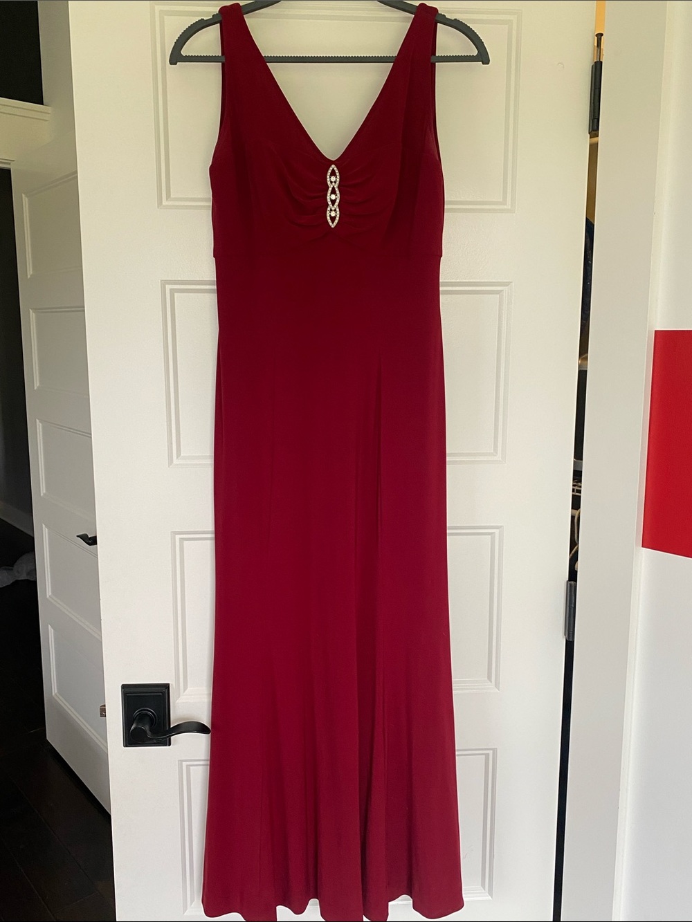 Patra Burgundy V-Neck Maxi Dress with Center Embellishment